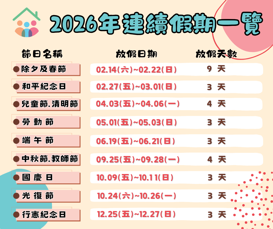 2026年連續假期一覽